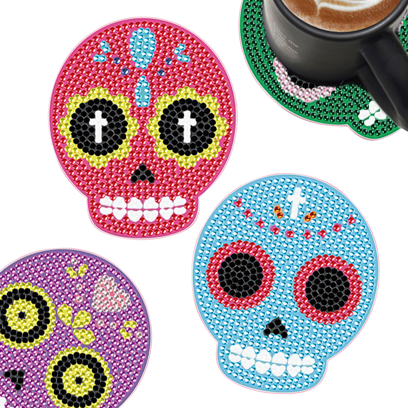 Set of 6 Colorful Skulls - Diamond Painting Coaster