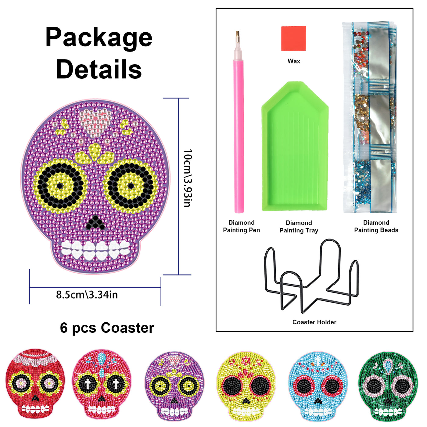 Set of 6 Colorful Skulls - Diamond Painting Coaster