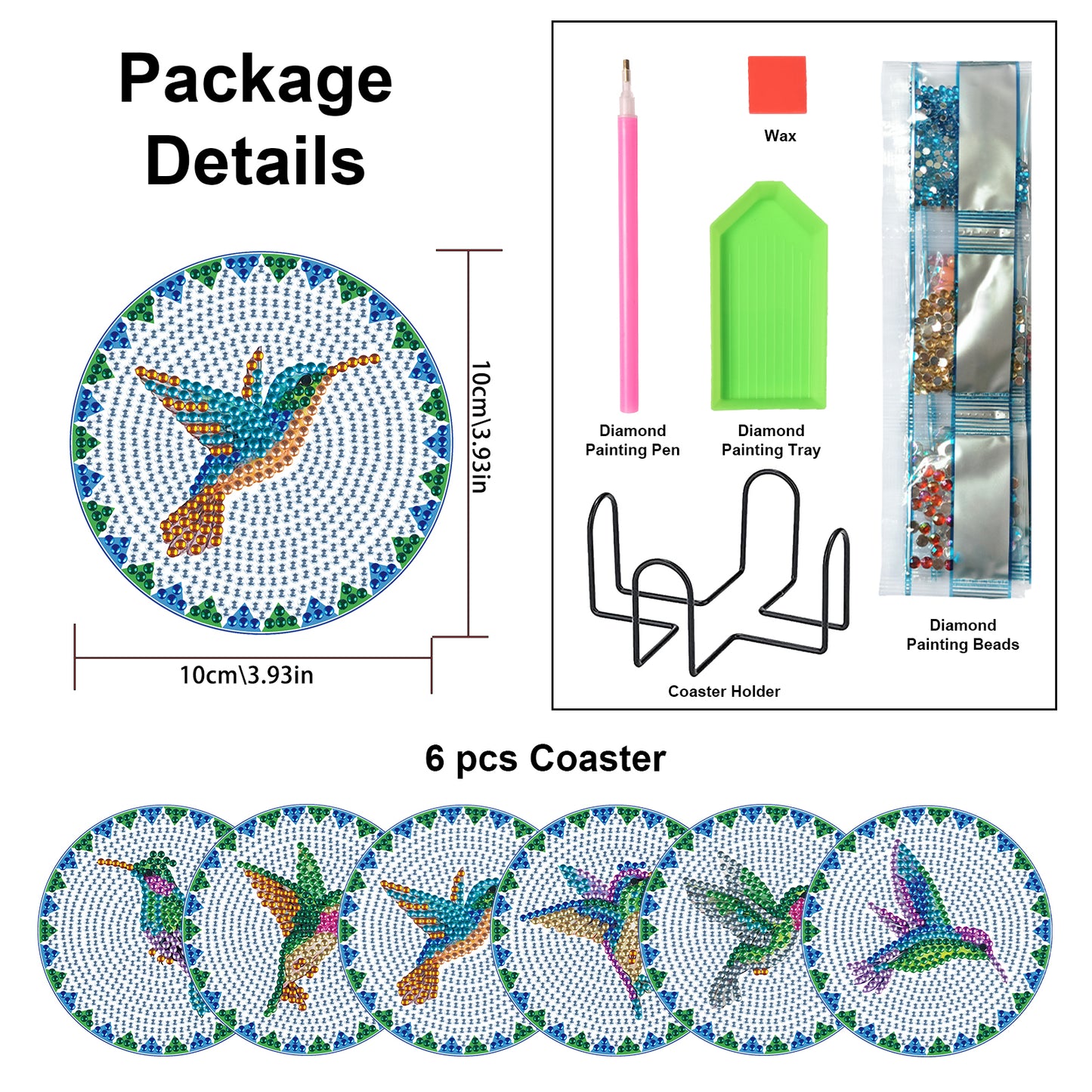 Set of 6 Hummingbirds - Diamond Painting Coaster