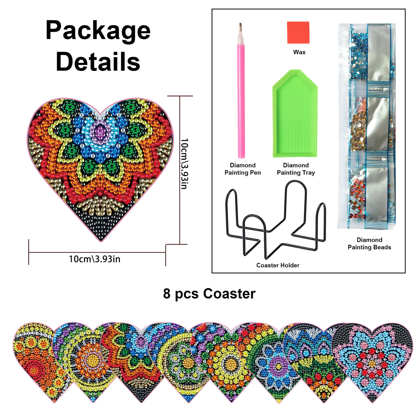Set of 8 Heart Mandala - Diamond Painting Coaster