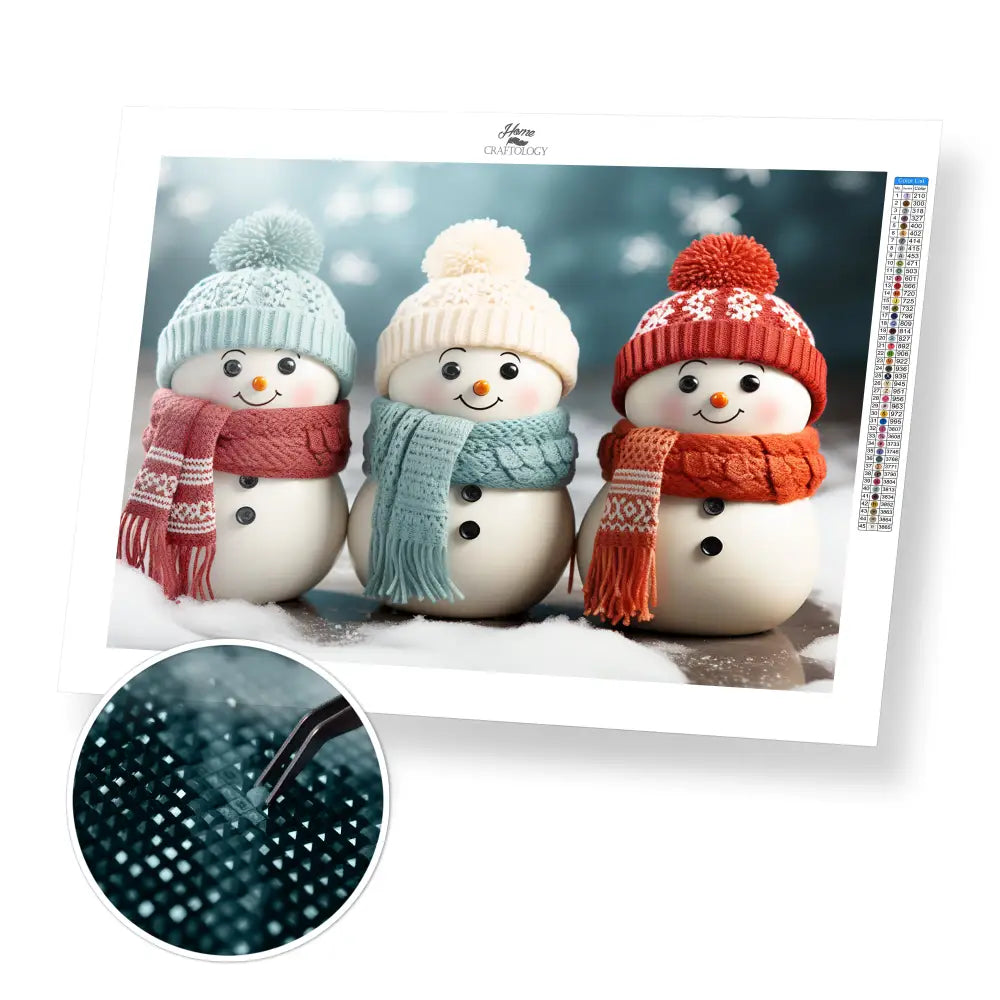 3 Snowmen with Scarves - Exclusive Premium Diamond Painting Kit - 25x20cm / 8x6’’ / Square (Most Popular) - Diamond