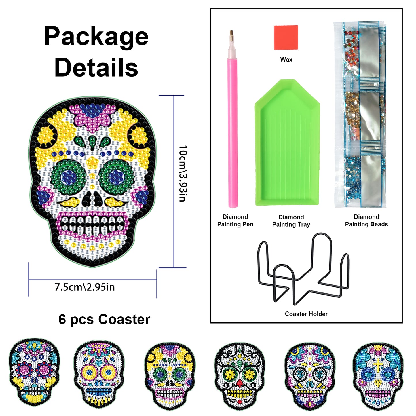 Set of 6 Skulls - Diamond Painting Coaster