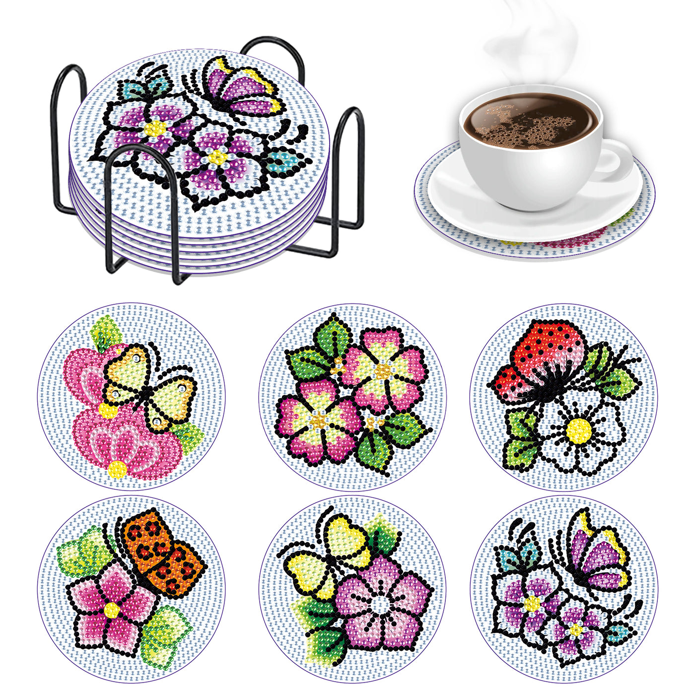 Set of 6 Butterflies on Flowers - Diamond Painting Coaster