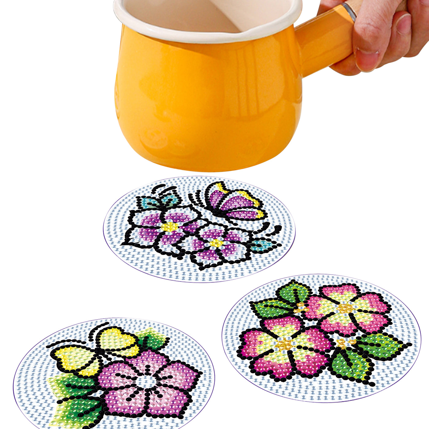 Set of 6 Butterflies on Flowers - Diamond Painting Coaster