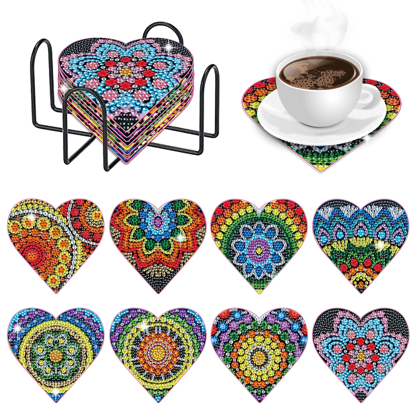 Set of 8 Heart Mandala - Diamond Painting Coaster
