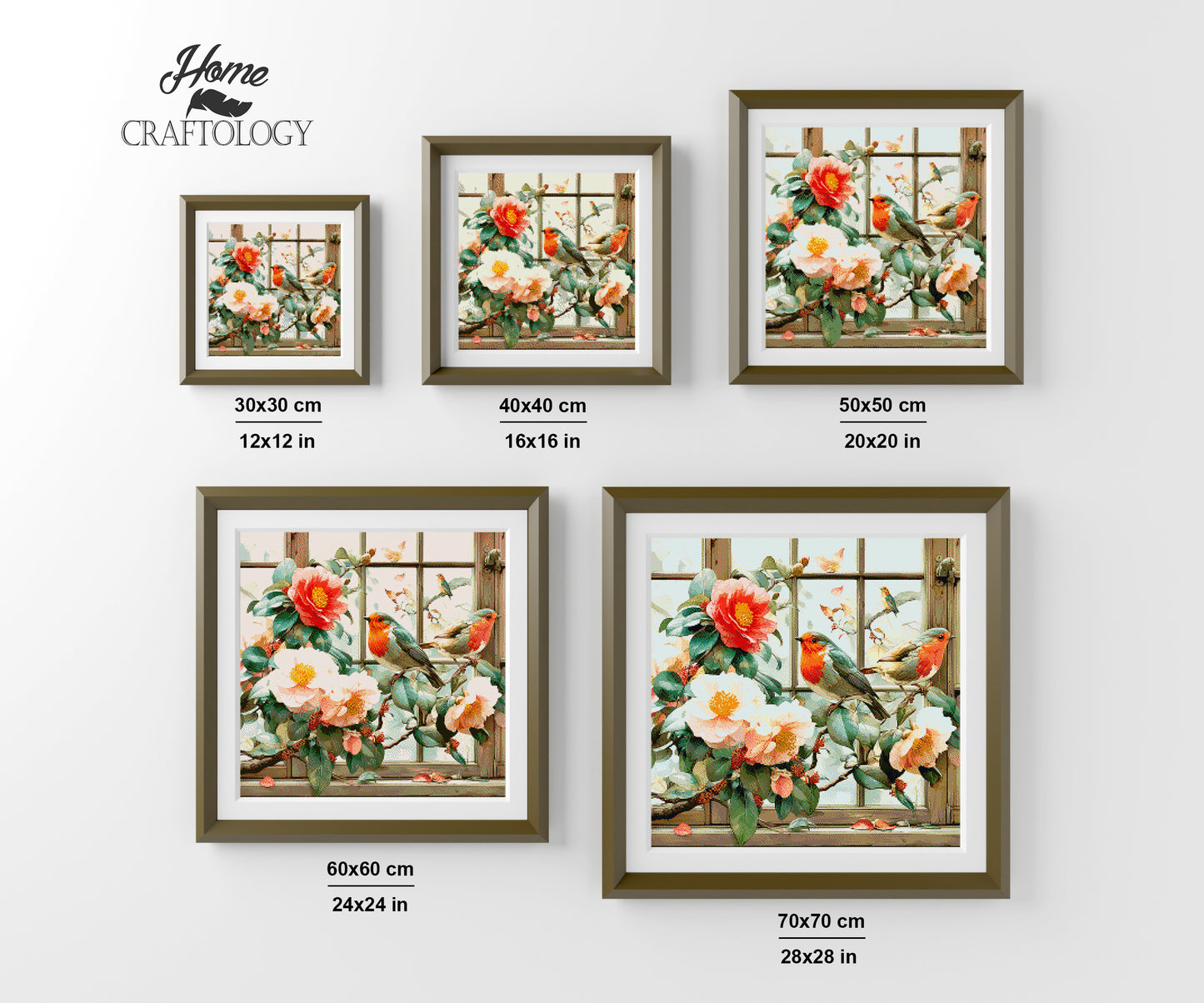 Camellias and Robins by the Window Frame - Time Limited Exclusive Diamond Painting Kit