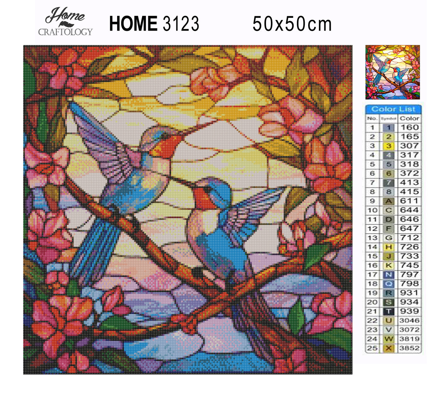 Stained Glass Hummingbirds on Branch - Premium Diamond Painting Kit