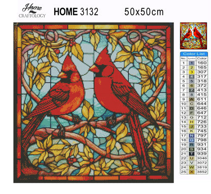 Stained Glass Two Red Cardinals - Exclusive Premium Diamond Painting Kit