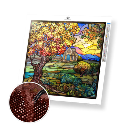 Stained Glass Church in Orchard - Exclusive Premium Diamond Painting Kit