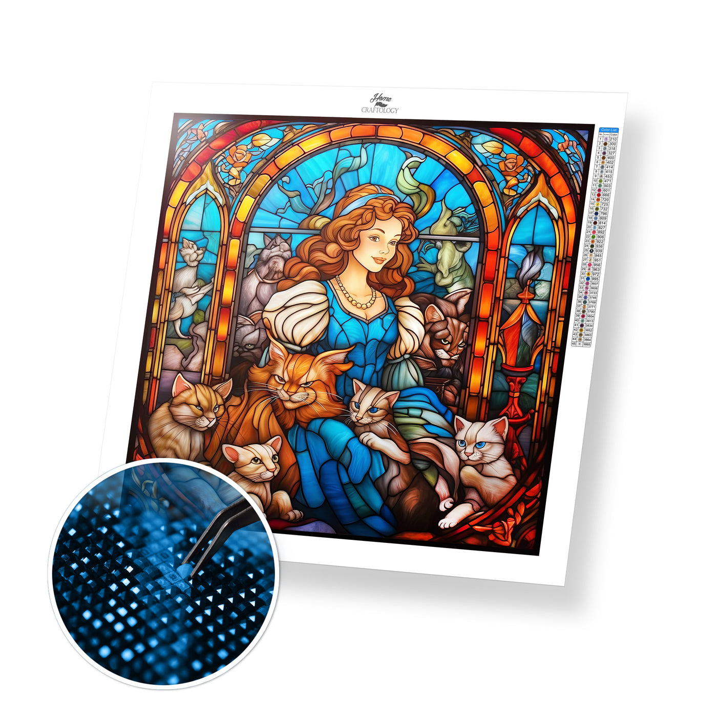 Stained Glass Girl with Cats - Premium Diamond Painting Kit