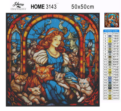 Stained Glass Girl with Cats - Premium Diamond Painting Kit