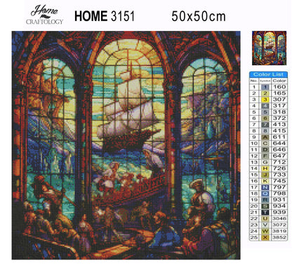 Stained Glass Ship and Seamen - Exclusive Premium Diamond Painting Kit