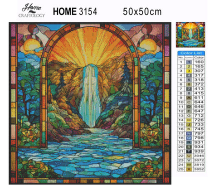 Stained Glass Waterfalls Sunset - Exclusive Premium Diamond Painting Kit