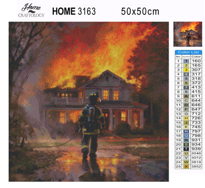 Firefighter Saving a Burning House - Premium Diamond Painting Kit