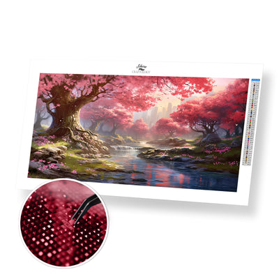 Pink Trees and Stream - Premium Diamond Painting Kit