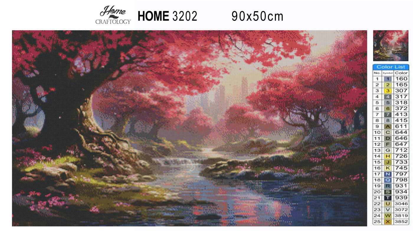 New! Pink Trees and Stream - Premium Diamond Painting Kit