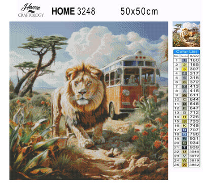 Lion and Tourists - Premium Diamond Painting Kit