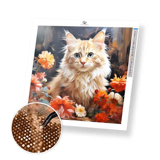 Cat with Orange Flowers - Exclusive Premium Diamond Painting Kit