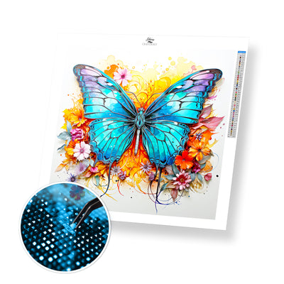 Blue Butterfly and Flowers - Premium Diamond Painting Kit