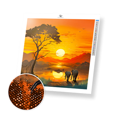 2 Elephants Watching the Sunset - Premium Diamond Painting Kit