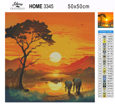 New! 2 Elephants Watching the Sunset - Premium Diamond Painting Kit