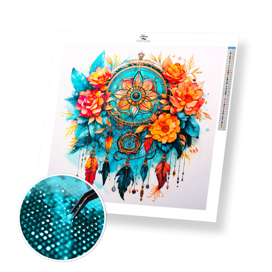 Dreamcatcher and Orange Flowers - Exclusive Premium Diamond Painting Kit