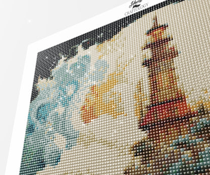 Lighthouse, Waves, Clouds, Sun - Exclusive Premium Diamond Painting Kit