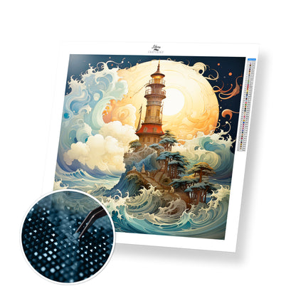 Lighthouse, Waves, Clouds, Sun - Exclusive Premium Diamond Painting Kit