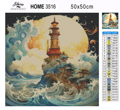 Lighthouse, Waves, Clouds, Sun - Exclusive Premium Diamond Painting Kit