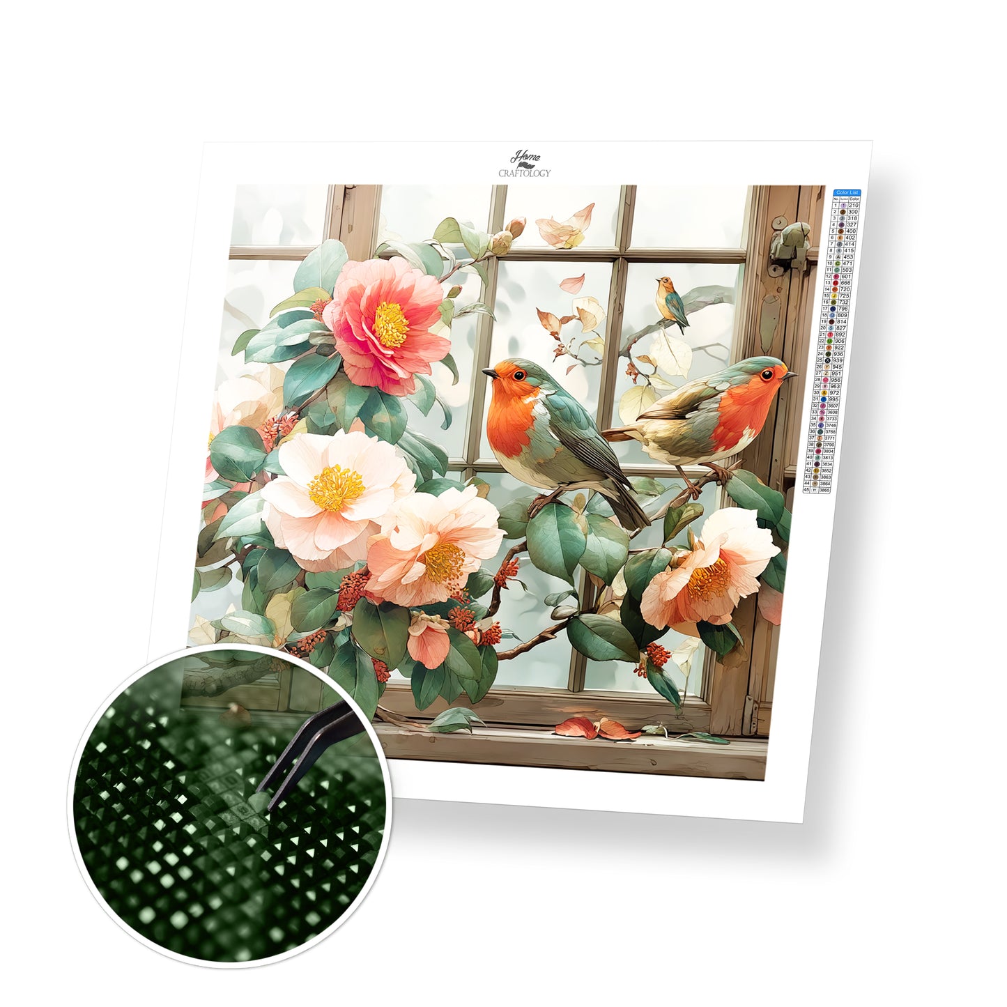 Camellias and Robins by the Window Frame - Time Limited Exclusive Diamond Painting Kit