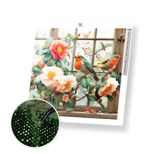Camellias and Robins by the Window Frame - Time Limited Exclusive Diamond Painting Kit