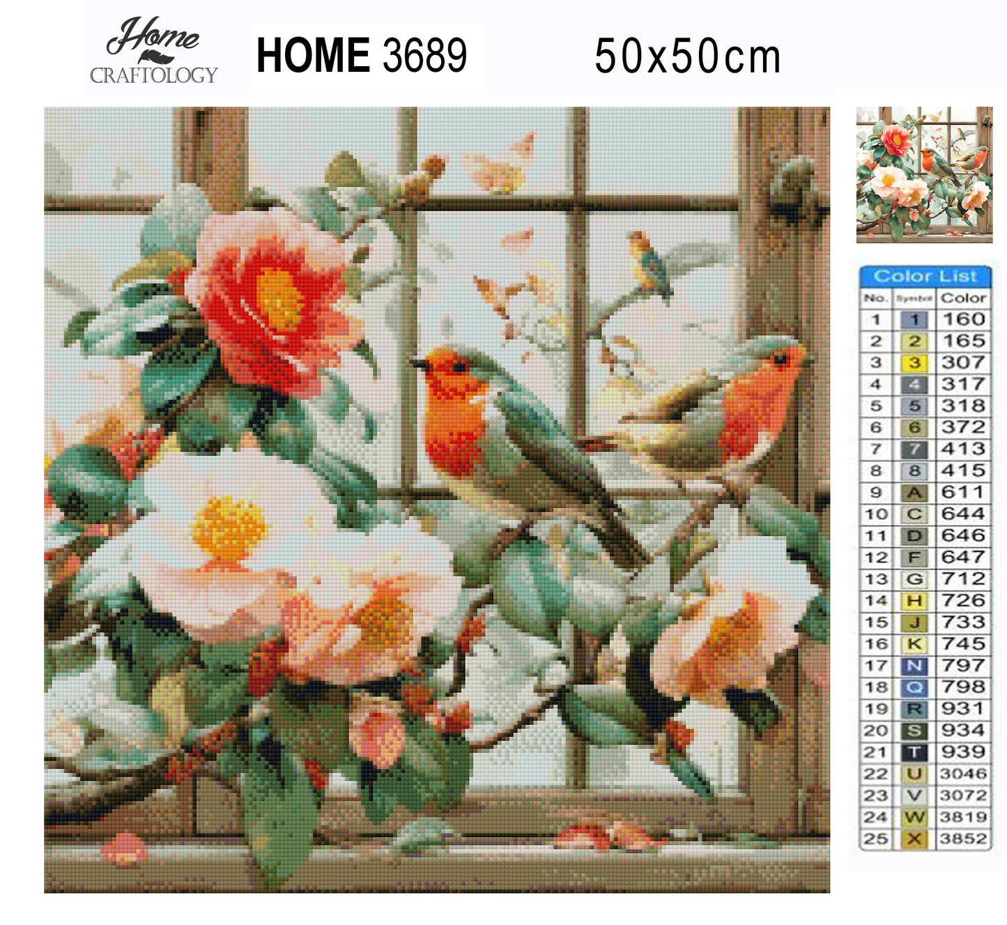 Camellias and Robins by the Window Frame - Time Limited Exclusive Diamond Painting Kit