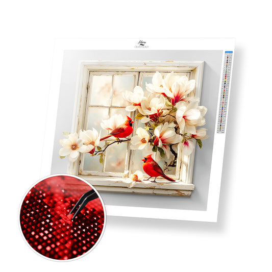 Magnolias in Bloom with Red Cardinals - Time Limited Exclusive Diamond Painting Kit