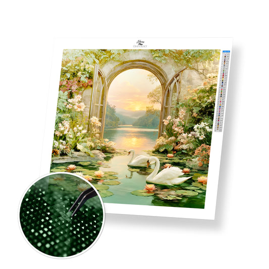 Sunset Lilies and Swans on the Lake - Time Limited Exclusive Diamond Painting Kit