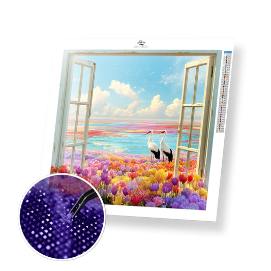 Tulip Fields and Storks Beyond the Window - Time Limited Exclusive Diamond Painting Kit