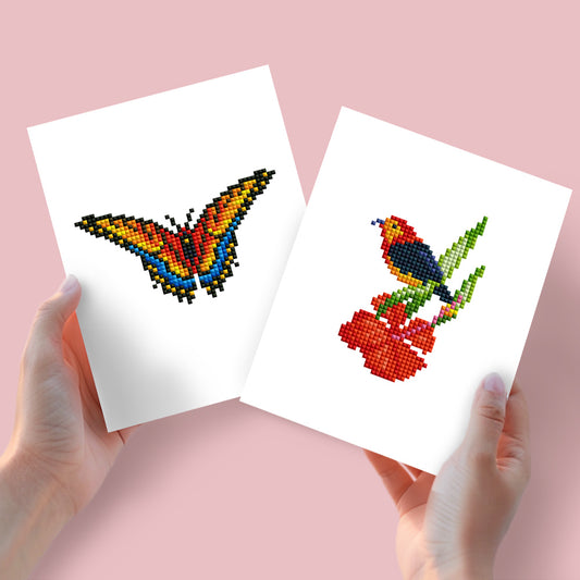 Set of 2 Red Butterfly and Bird - Mini Diamond Painting Kits