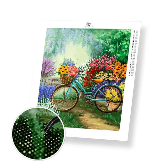 Bicycle and Flowers - Exclusive Premium Diamond Painting Kit - 20x25cm / 8x10’’ / Square (Most Popular) - Diamond