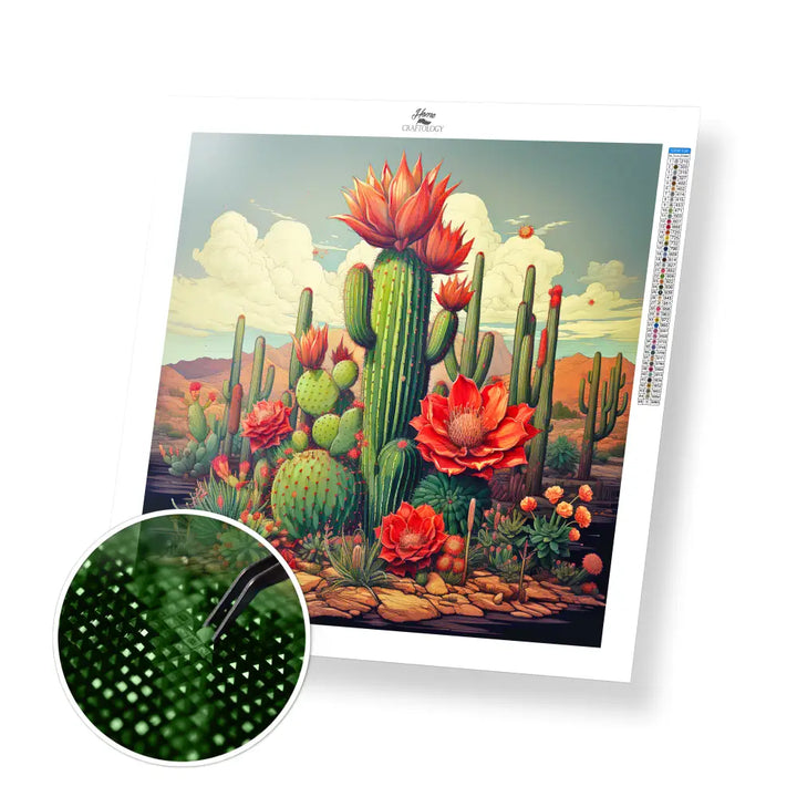 Cactus with Flowers - Exclusive Premium Diamond Painting Kit - 20x20cm / 8x8’’ / Square (Most Popular) - Diamond