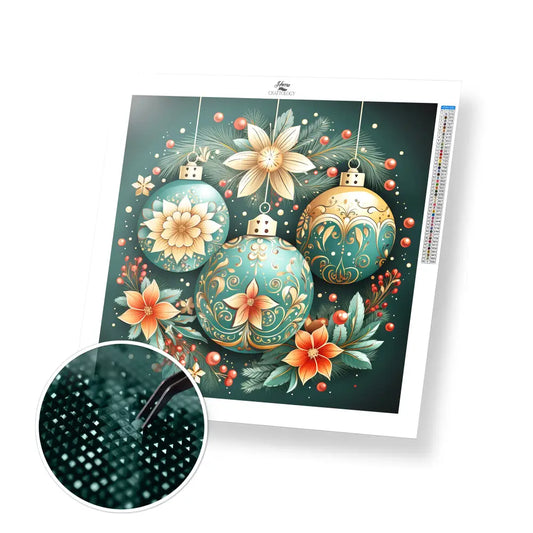 Christmas Balls with Flowers - Exclusive Premium Diamond Painting Kit - 20x20cm / 8x8’’ / Square (Most Popular)