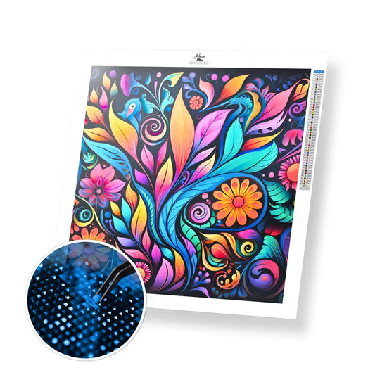 Colorful Leaves and Flowers Art - Exclusive Premium Diamond Painting Kit - 30x30cm / 12x12’’ / Square (Most Popular)