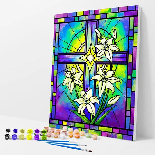 Cross with Lilies Kit - Paint By Numbers - 30x40cm / 12x16’’ / No Frame - Paint By Numbers