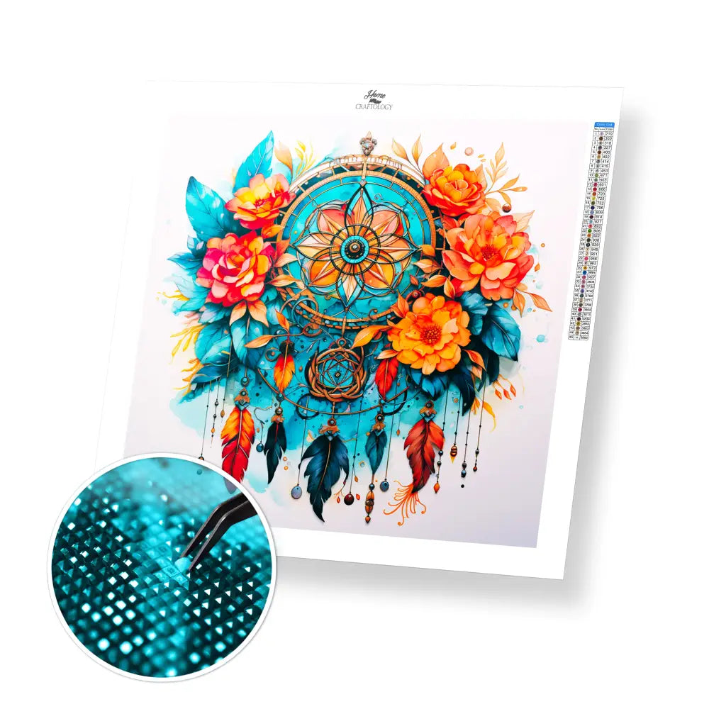 Dreamcatcher and Orange Flowers - Exclusive Premium Diamond Painting Kit - 30x30cm / 12x12’’ / Square (Most Popular)
