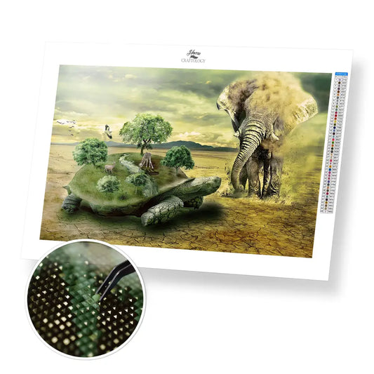Elephant Turtle and Other Animals - Premium Diamond Painting Kit - 45x30cm / 18x12’’ / Square (Most Popular) - Diamond