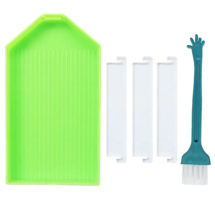 Large Diamond Painting Tray with 3 Dividers and Brush - Green - Diamond Painting Accessory