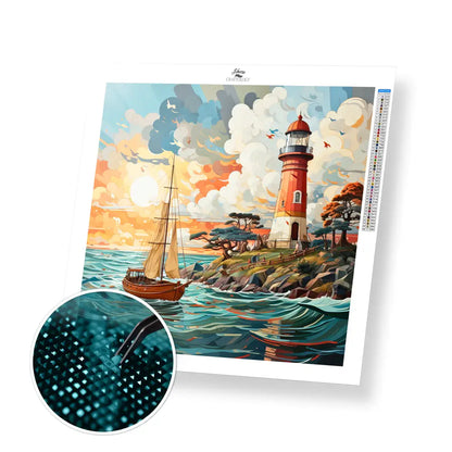 Lighthouse and Boat - Exclusive Premium Diamond Painting Kit - 30x30cm / 12x12’’ / Square (Most Popular) / No Frame