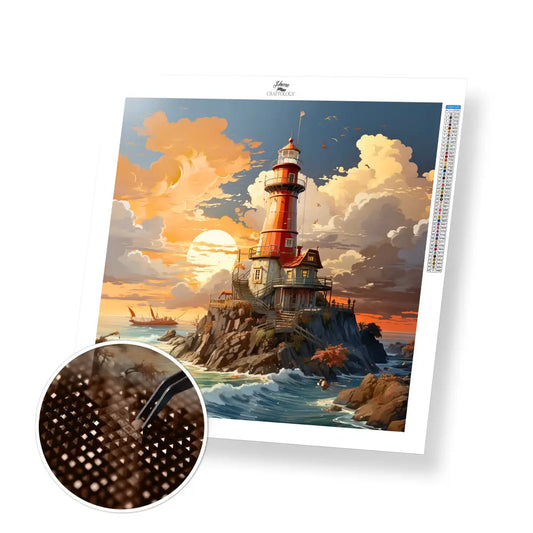 Lighthouse Sunset - Exclusive Premium Diamond Painting Kit - 30x30cm / 12x12’’ / Square (Most Popular) / No Frame