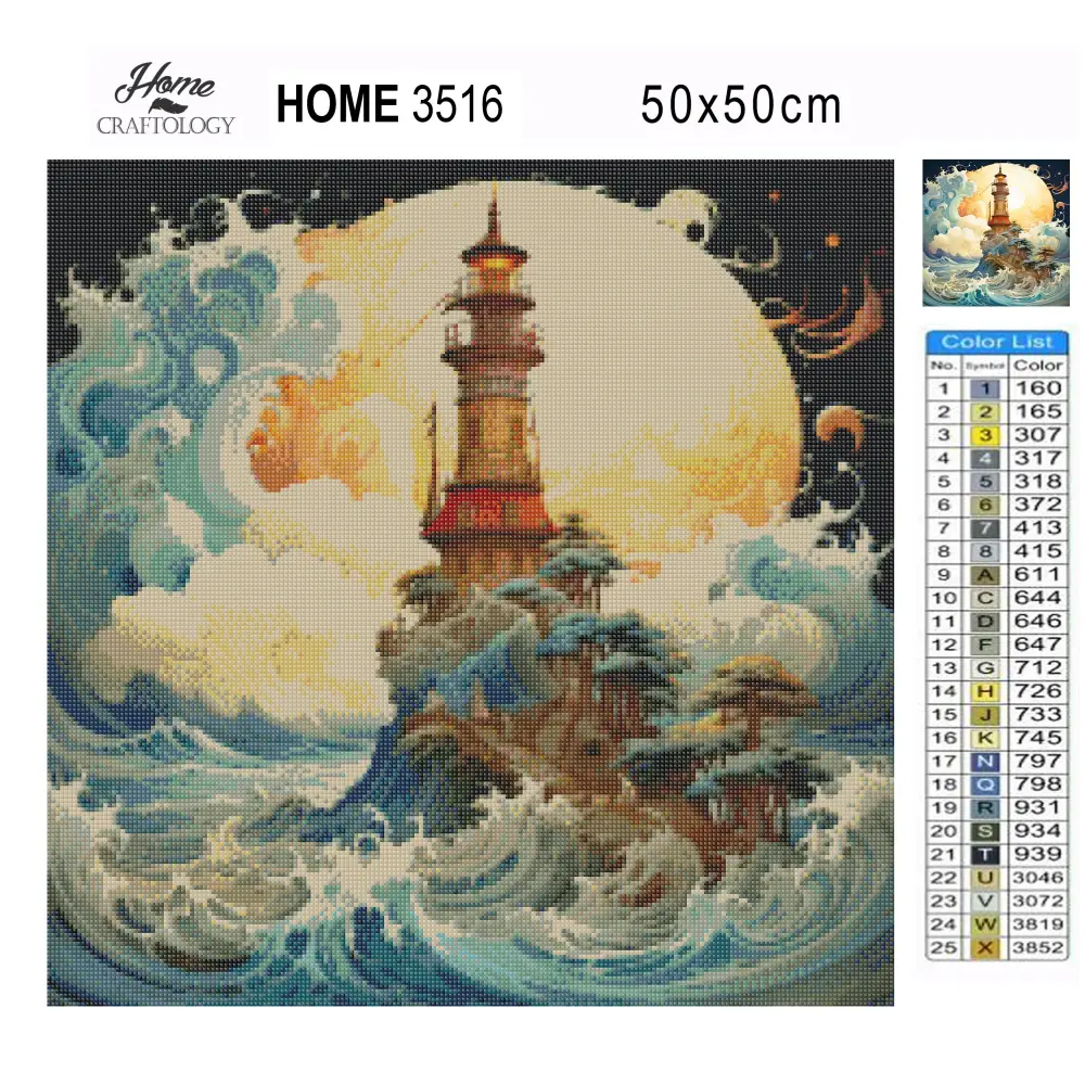 Lighthouse Waves Clouds Sun - Exclusive Premium Diamond Painting Kit - Diamond Painting Kit
