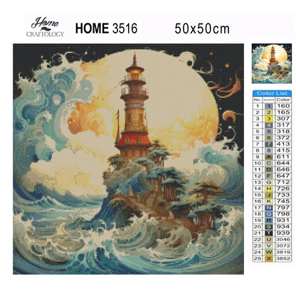 Lighthouse Waves Clouds Sun - Exclusive Premium Diamond Painting Kit - Diamond Painting Kit