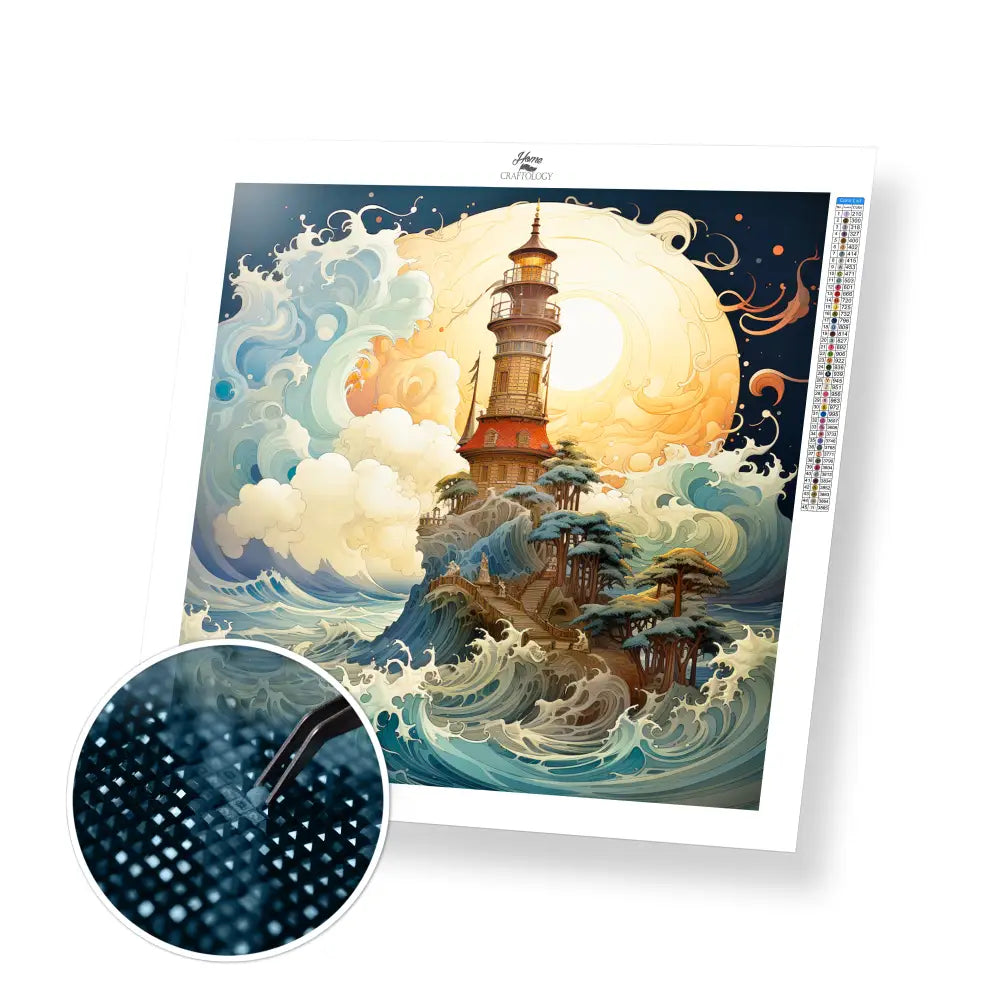 Lighthouse Waves Clouds Sun - Exclusive Premium Diamond Painting Kit - 30x30cm / 12x12’’ / Square (Most Popular)