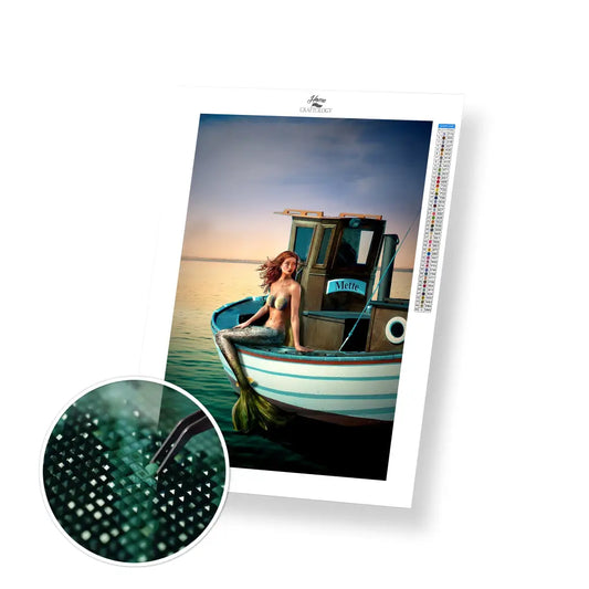 Mermaid on a Fishing Boat - Premium Diamond Painting Kit - 30x45cm / 12x18’’ / Square (Most Popular) - Diamond Painting